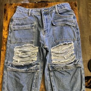 Ripped Denim Cargo Pants